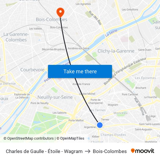 Charles de Gaulle - Étoile - Wagram to Bois-Colombes map