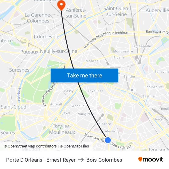 Porte D'Orléans - Ernest Reyer to Bois-Colombes map