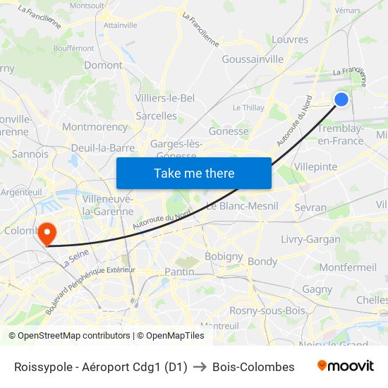 Roissypole - Aéroport Cdg1 (D1) to Bois-Colombes map