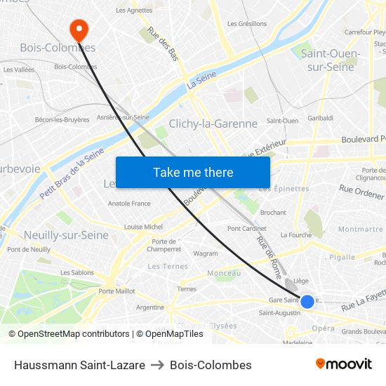 Haussmann Saint-Lazare to Bois-Colombes map