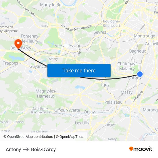 Antony to Bois-D'Arcy map