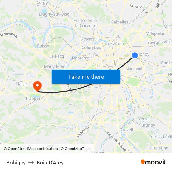 Bobigny to Bois-D'Arcy map