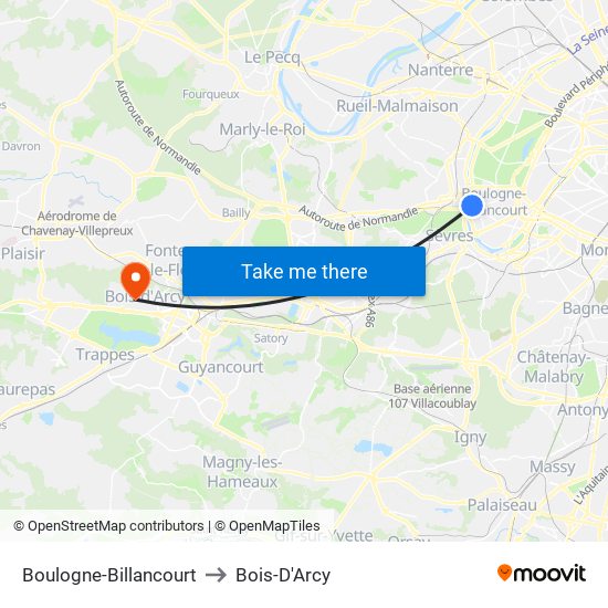 Boulogne-Billancourt to Bois-D'Arcy map