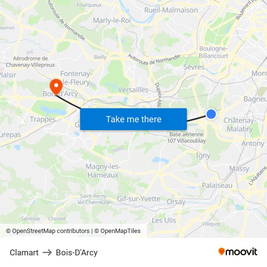 Clamart to Bois-D'Arcy map