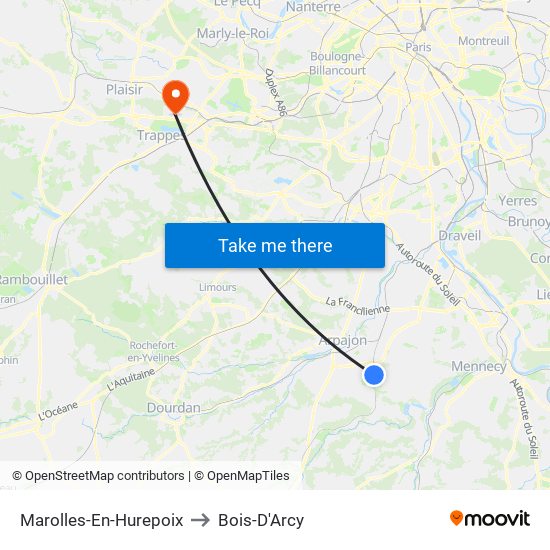 Marolles-En-Hurepoix to Bois-D'Arcy map