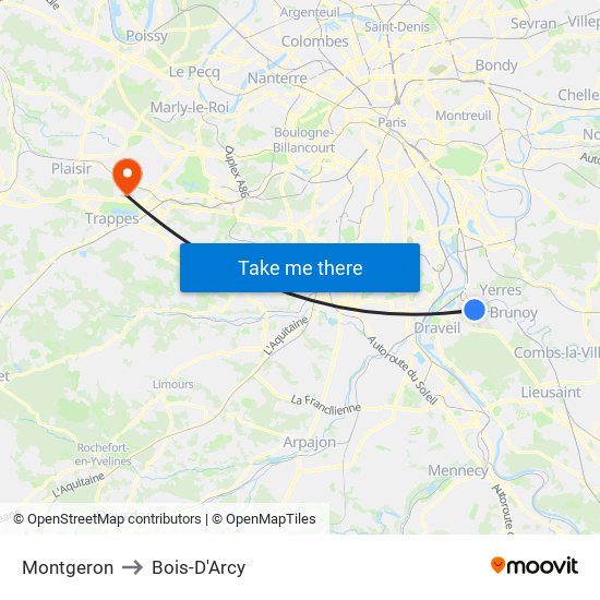 Montgeron to Bois-D'Arcy map