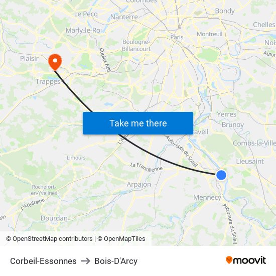 Corbeil-Essonnes to Bois-D'Arcy map