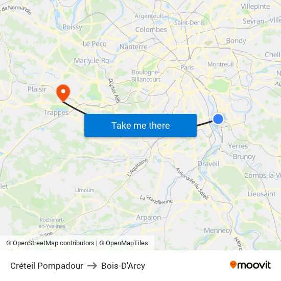 Créteil Pompadour to Bois-D'Arcy map