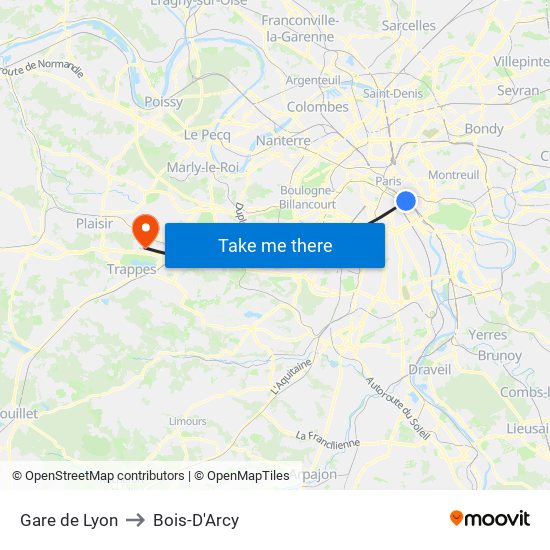 Gare de Lyon to Bois-D'Arcy map