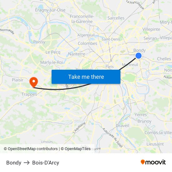 Bondy to Bois-D'Arcy map