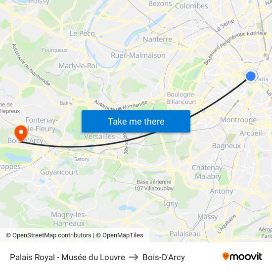 Palais Royal - Musée du Louvre to Bois-D'Arcy map