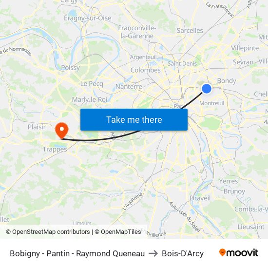 Bobigny - Pantin - Raymond Queneau to Bois-D'Arcy map