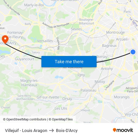 Villejuif - Louis Aragon to Bois-D'Arcy map