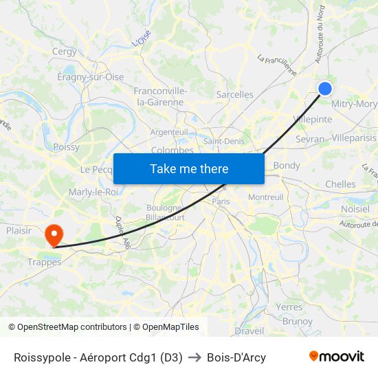 Roissypole - Aéroport Cdg1 (D3) to Bois-D'Arcy map