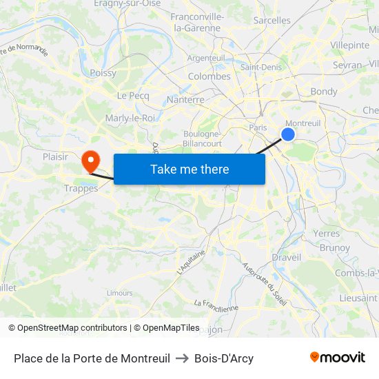Place de la Porte de Montreuil to Bois-D'Arcy map