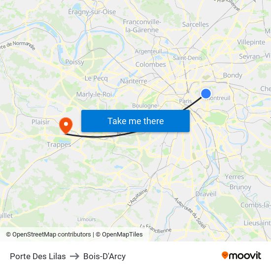 Porte Des Lilas to Bois-D'Arcy map