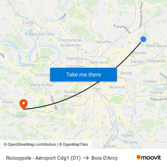 Roissypole - Aéroport Cdg1 (D1) to Bois-D'Arcy map