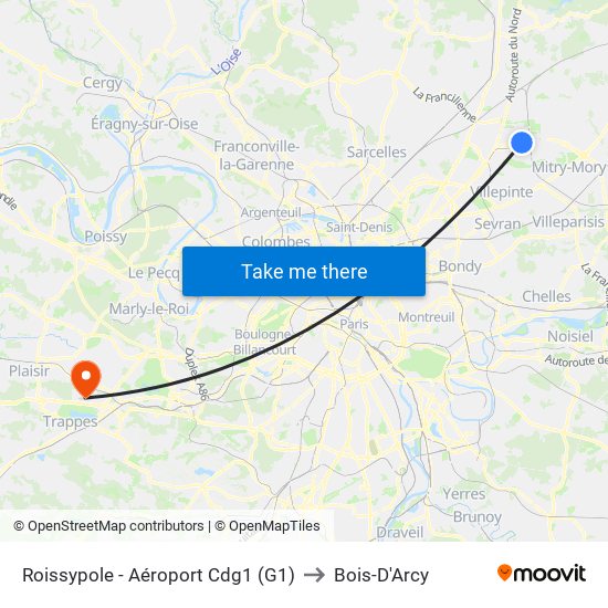 Roissypole - Aéroport Cdg1 (G1) to Bois-D'Arcy map