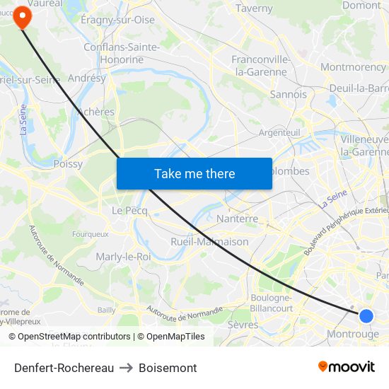 Denfert-Rochereau to Boisemont map