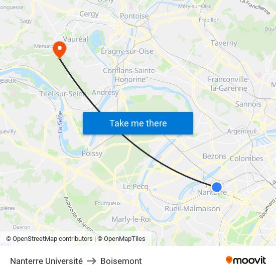 Nanterre Université to Boisemont map