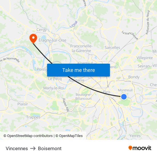 Vincennes to Boisemont map