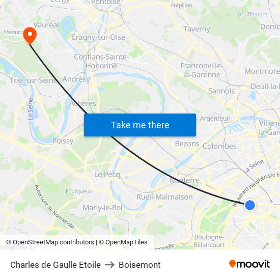 Charles de Gaulle Etoile to Boisemont map