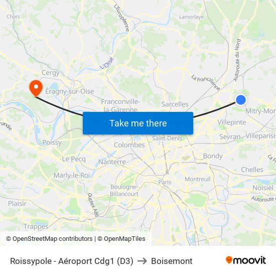 Roissypole - Aéroport Cdg1 (D3) to Boisemont map