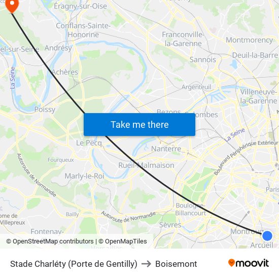 Stade Charléty (Porte de Gentilly) to Boisemont map