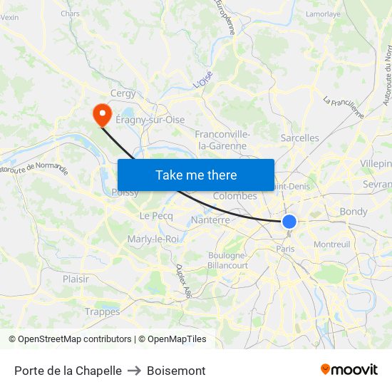 Porte de la Chapelle to Boisemont map