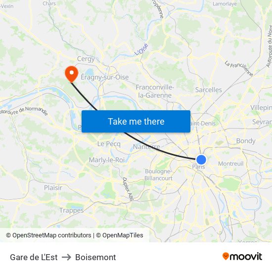 Gare de L'Est to Boisemont map