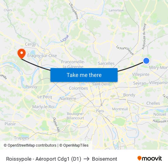 Roissypole - Aéroport Cdg1 (D1) to Boisemont map