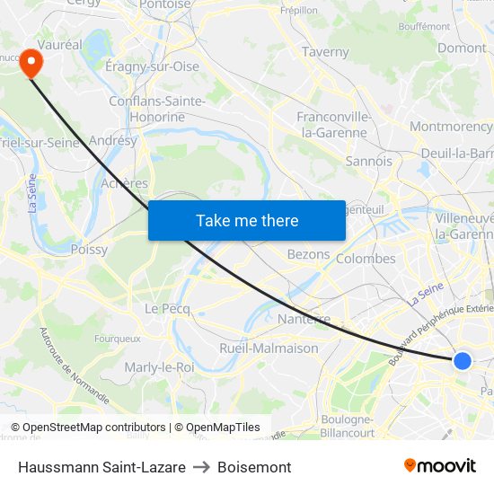 Haussmann Saint-Lazare to Boisemont map