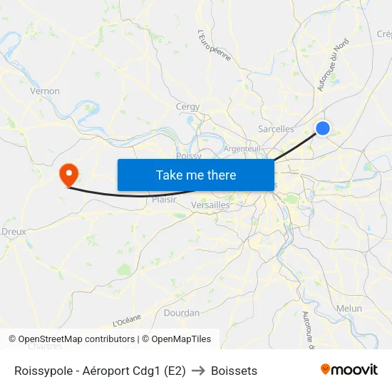Roissypole - Aéroport Cdg1 (E2) to Boissets map