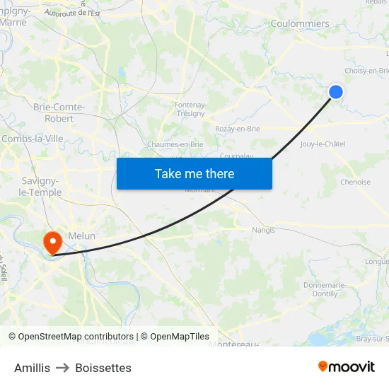Amillis to Boissettes map