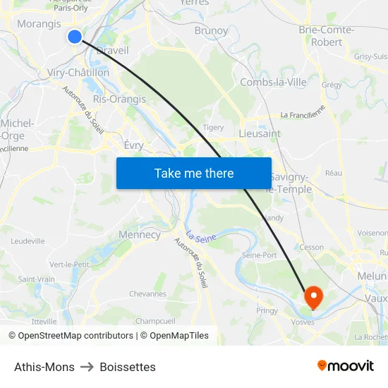 Athis-Mons to Boissettes map