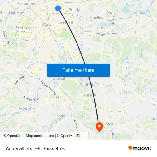 Aubervilliers to Boissettes map