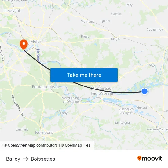 Balloy to Boissettes map