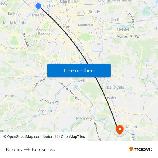 Bezons to Boissettes map