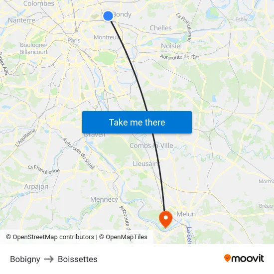 Bobigny to Boissettes map