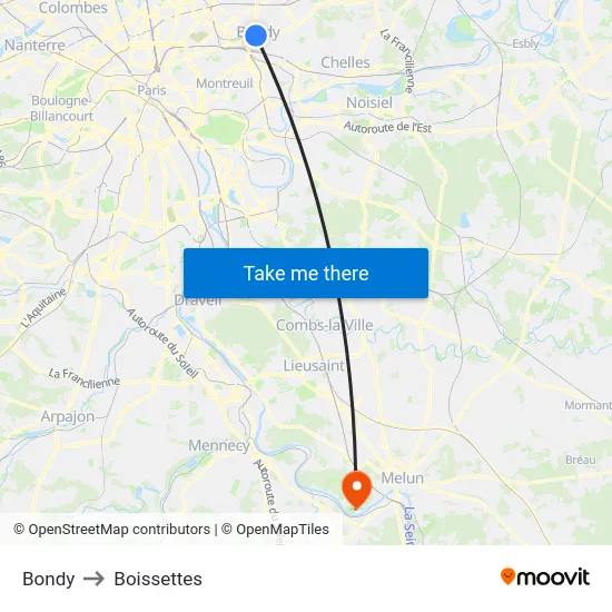 Bondy to Boissettes map