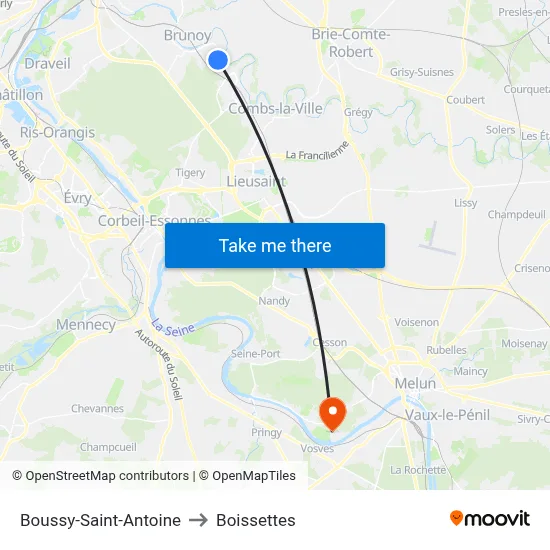 Boussy-Saint-Antoine to Boissettes map