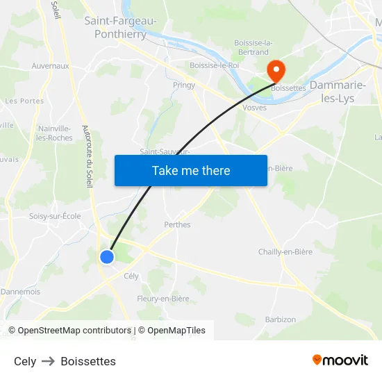 Cely to Boissettes map