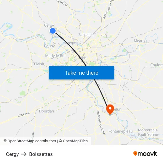 Cergy to Boissettes map