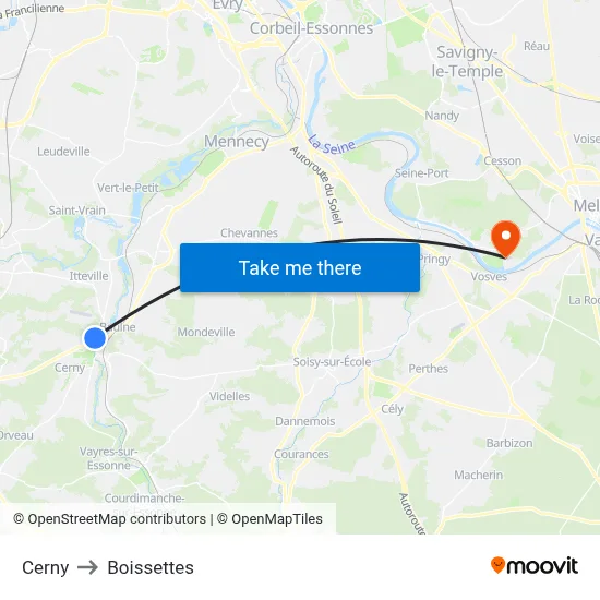 Cerny to Boissettes map