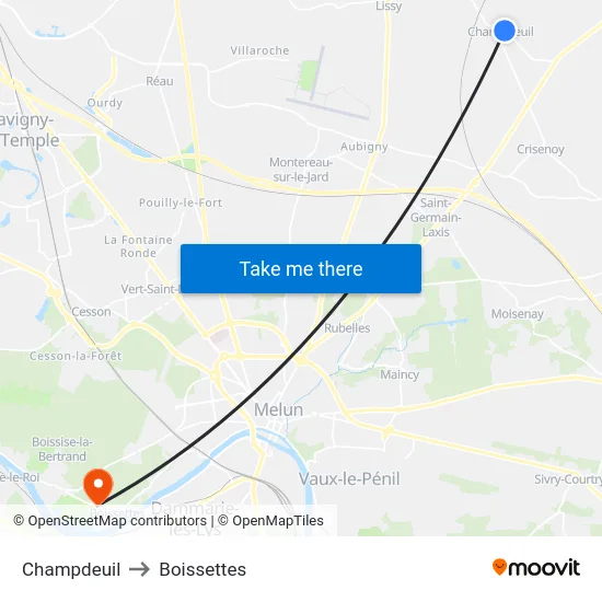 Champdeuil to Boissettes map