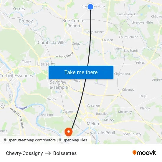Chevry-Cossigny to Boissettes map