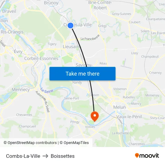 Combs-La-Ville to Boissettes map