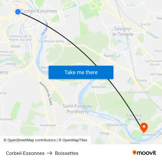 Corbeil-Essonnes to Boissettes map