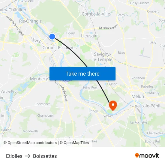 Etiolles to Boissettes map