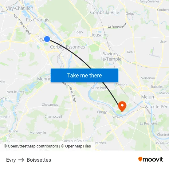 Evry to Boissettes map